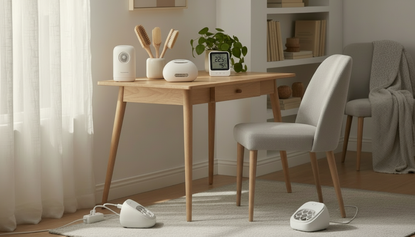 Ik wil een kantoor/huis foto met daarbij thermometers, pluizenverwijderaar, borstels, schoenendrogers. Een soort sfeer dat alles samenvat en sommige items toevoegt
